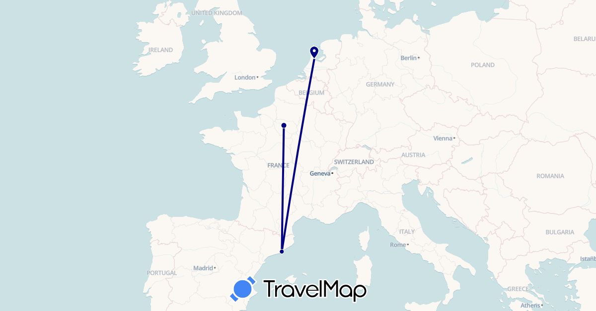 TravelMap itinerary: driving in Spain, France, Netherlands (Europe)