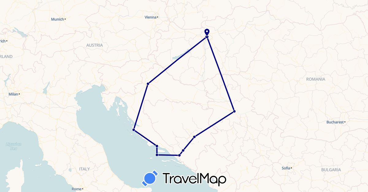 TravelMap itinerary: driving in Bosnia and Herzegovina, Croatia, Hungary, Serbia (Europe)