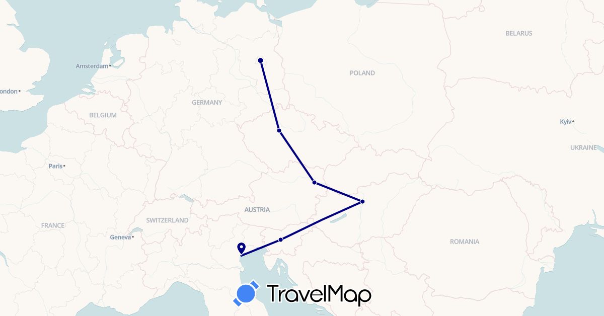 TravelMap itinerary: driving in Austria, Czech Republic, Germany, Hungary, Italy, Slovenia (Europe)