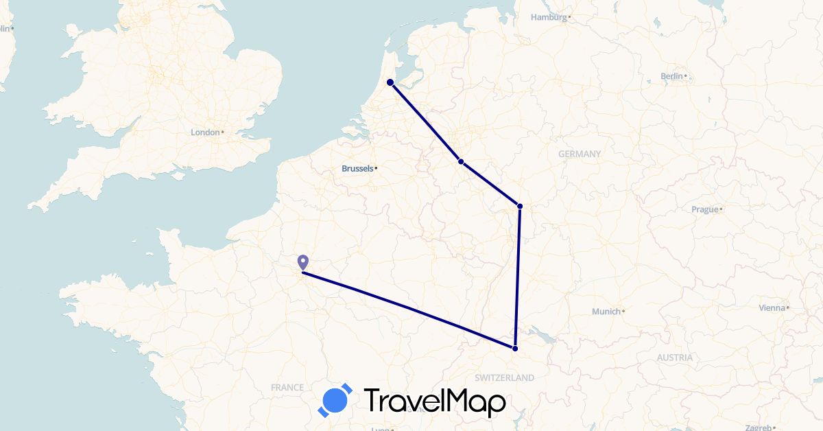 TravelMap itinerary: driving in Switzerland, Germany, France, Netherlands (Europe)