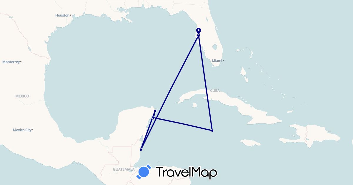 TravelMap itinerary: driving in Belize, Cayman Islands, Mexico, United States (North America)