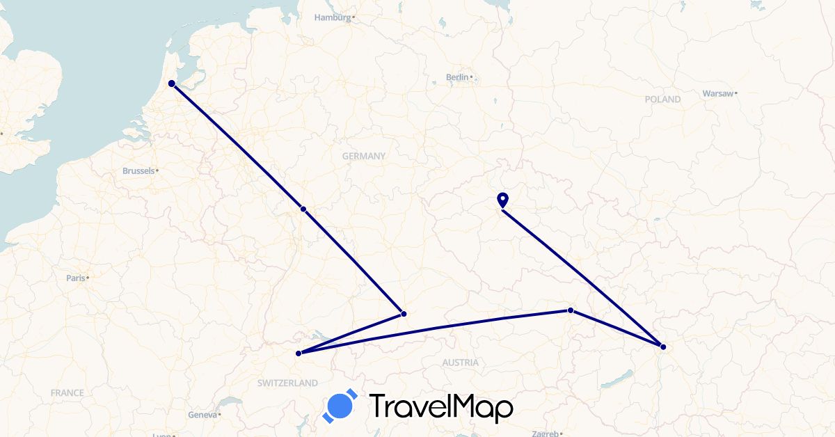 TravelMap itinerary: driving in Austria, Switzerland, Czech Republic, Germany, Hungary, Netherlands (Europe)