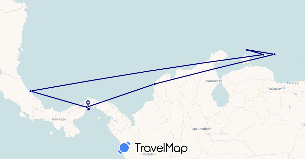 TravelMap itinerary: driving in Colombia, Costa Rica, Curaçao, Netherlands, Panama (Europe, North America, South America)