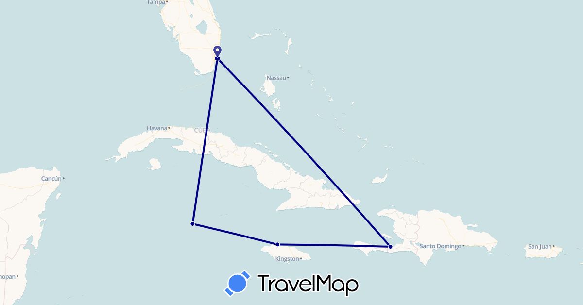 TravelMap itinerary: driving in Haiti, Jamaica, Cayman Islands, United States (North America)