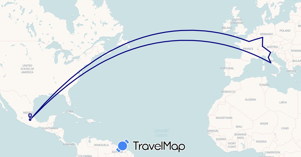 TravelMap itinerary: driving in Switzerland, Germany, France, Italy, Mexico (Europe, North America)