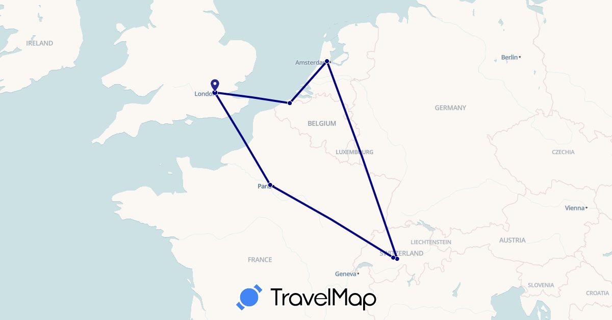 TravelMap itinerary: driving in Belgium, Switzerland, France, United Kingdom, Netherlands (Europe)