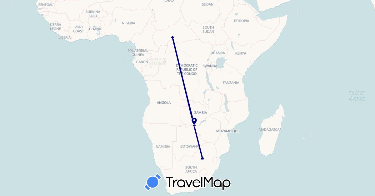 TravelMap itinerary: driving in Central African Republic, South Africa, Zambia, Zimbabwe (Africa)