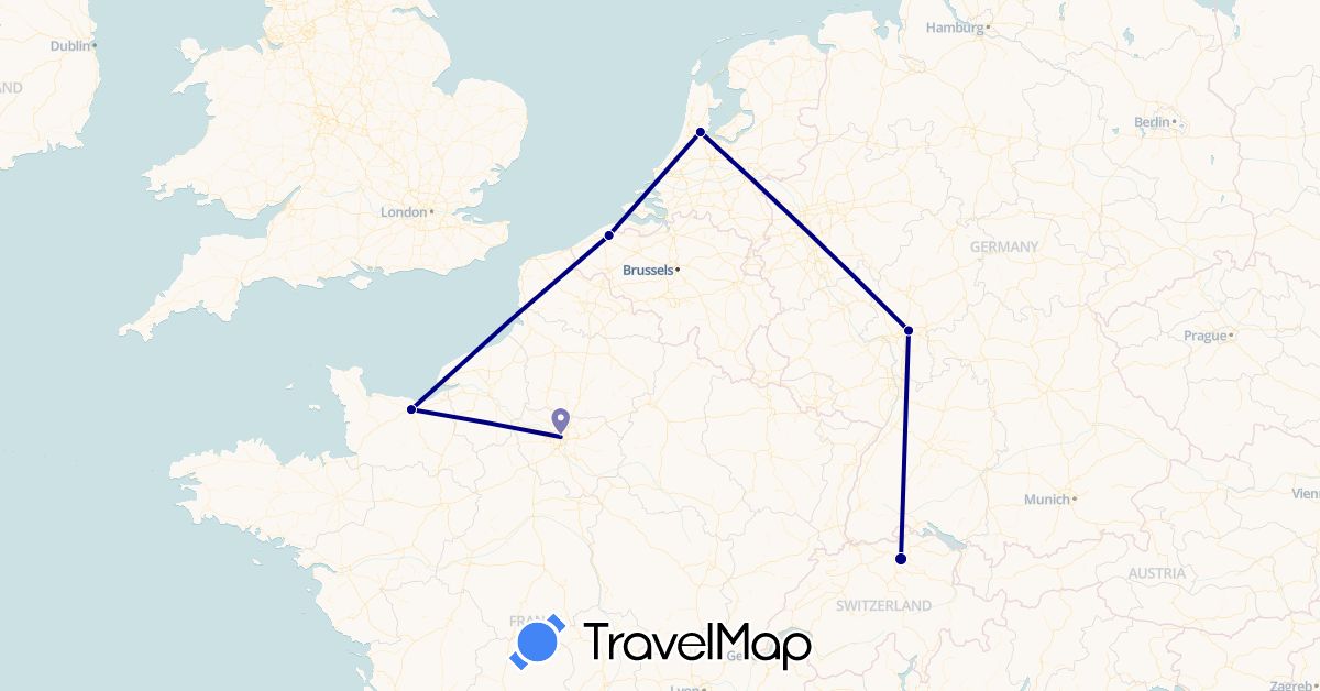 TravelMap itinerary: driving in Belgium, Switzerland, Germany, France, Netherlands (Europe)