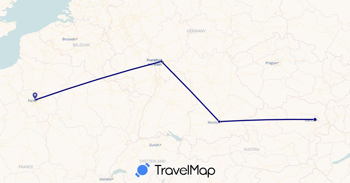 TravelMap itinerary: driving in Austria, Germany, France (Europe)