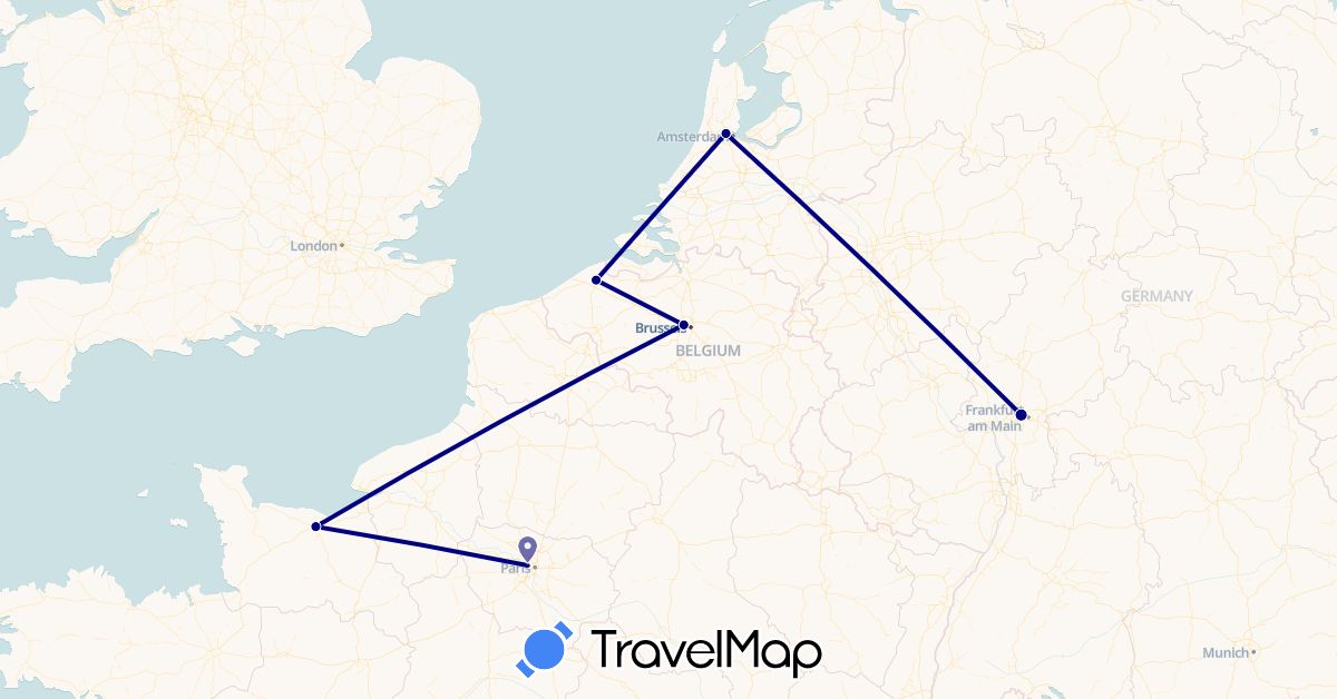 TravelMap itinerary: driving in Belgium, Germany, France, Netherlands (Europe)