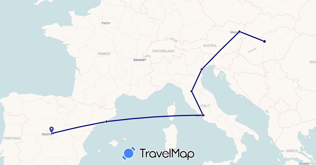 TravelMap itinerary: driving in Austria, Spain, Hungary, Italy (Europe)