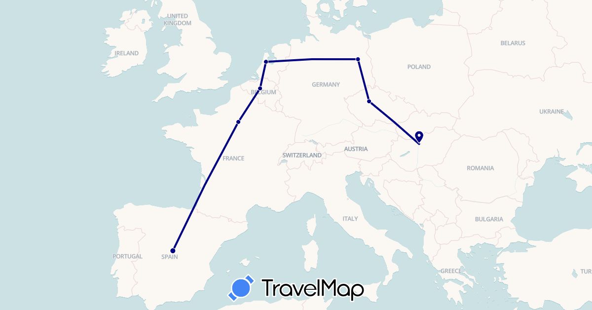 TravelMap itinerary: driving in Belgium, Czech Republic, Germany, Spain, France, Hungary, Netherlands (Europe)