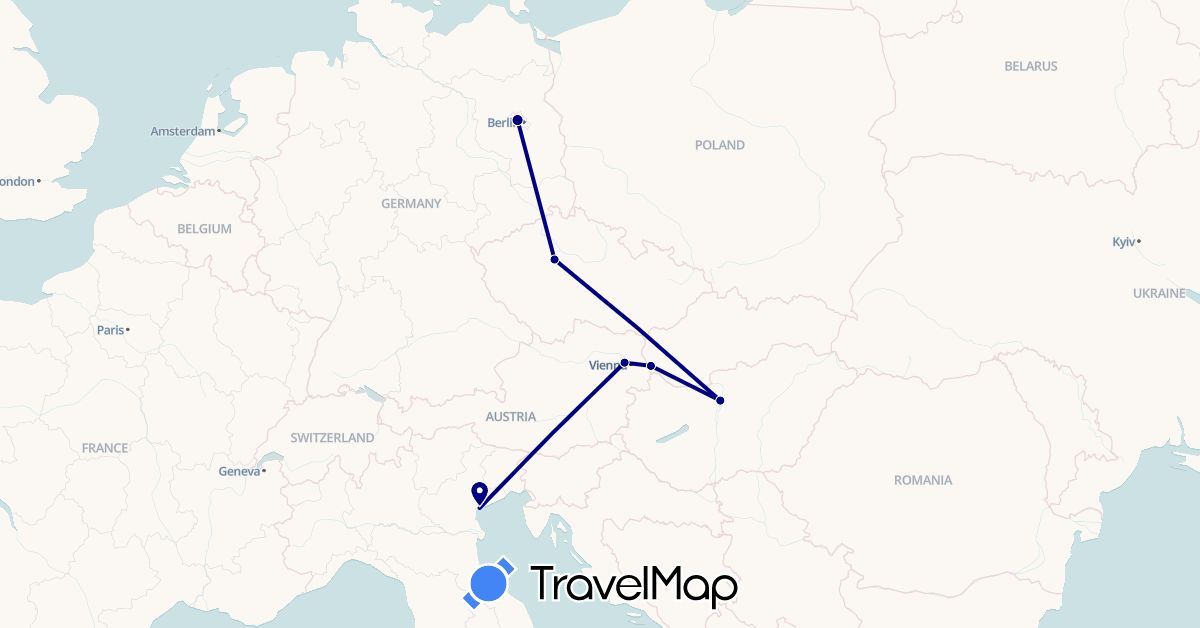 TravelMap itinerary: driving in Austria, Czech Republic, Germany, Hungary, Italy, Slovakia (Europe)