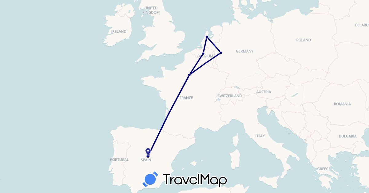 TravelMap itinerary: driving in Belgium, Germany, Spain, France, Netherlands (Europe)