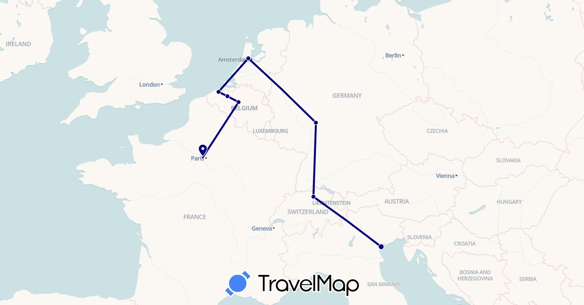 TravelMap itinerary: driving in Belgium, Switzerland, Germany, France, Italy, Netherlands (Europe)