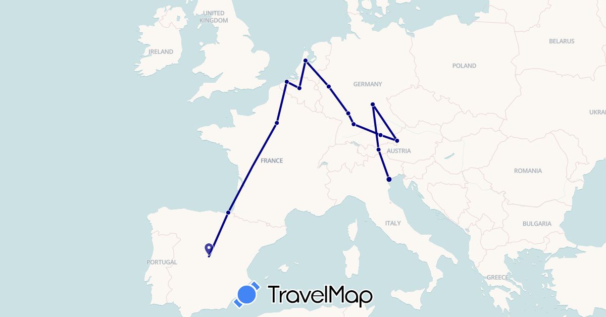 TravelMap itinerary: driving in Austria, Belgium, Germany, Spain, France, Italy, Netherlands (Europe)