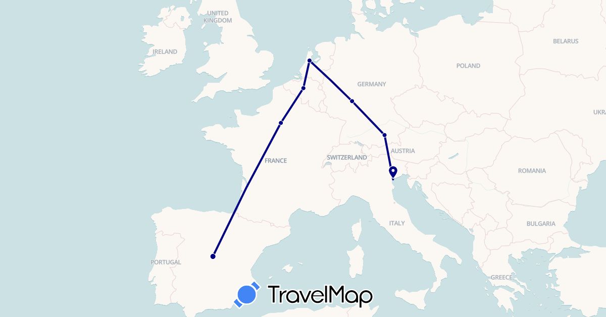 TravelMap itinerary: driving in Belgium, Germany, Spain, France, Italy, Netherlands (Europe)