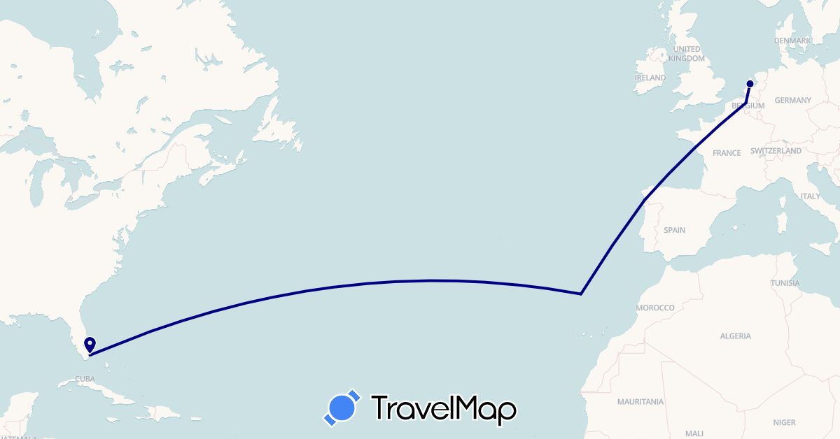 TravelMap itinerary: driving in Belgium, Spain, Netherlands, Portugal, United States (Europe, North America)