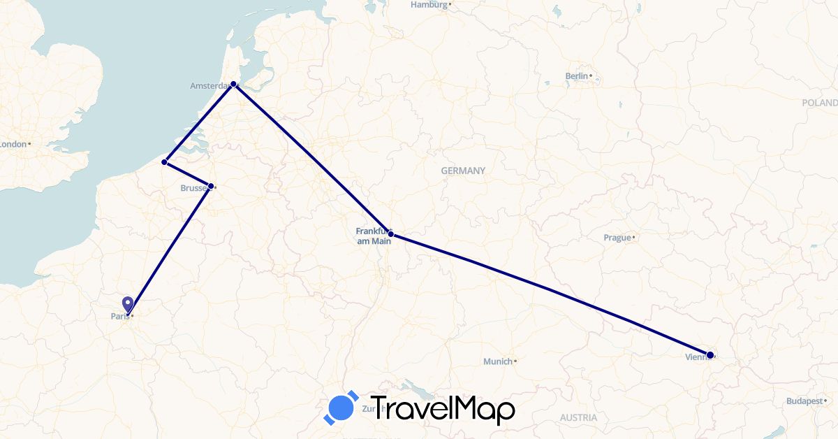 TravelMap itinerary: driving in Austria, Belgium, Germany, France, Netherlands (Europe)