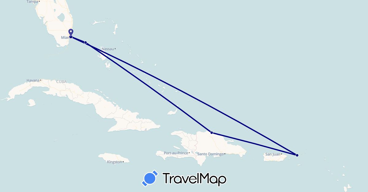 TravelMap itinerary: driving in Bahamas, Dominican Republic, United States, U.S. Virgin Islands (North America)