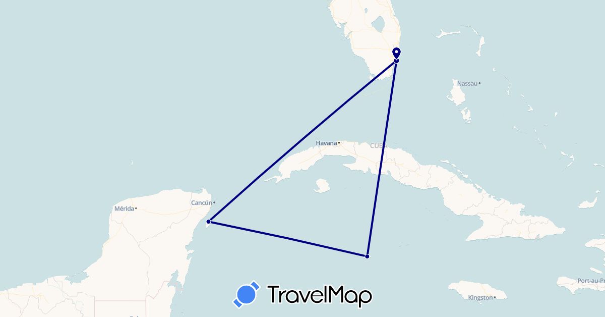 TravelMap itinerary: driving in Cayman Islands, Mexico, United States (North America)