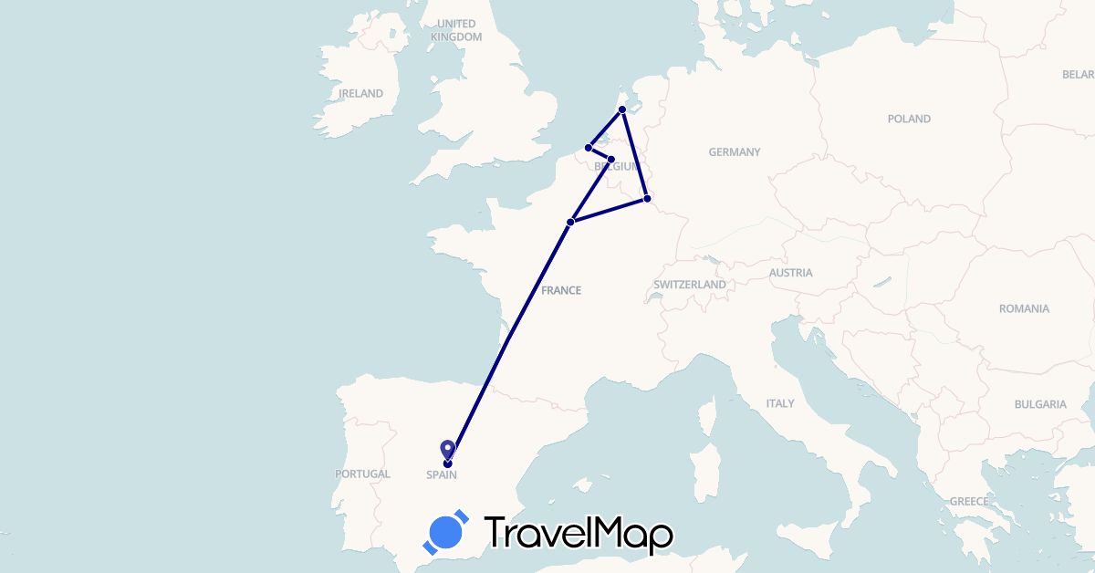 TravelMap itinerary: driving in Belgium, Spain, France, Luxembourg, Netherlands (Europe)
